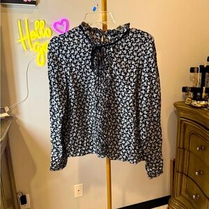 Zara Black and White Puff Sleeve Blouse with Ruffled Tie Front